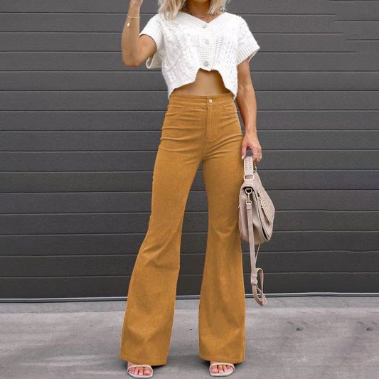 Women’s Bellbottom Pants – High Waist – Curve Fit – Structured Denim – Full Length