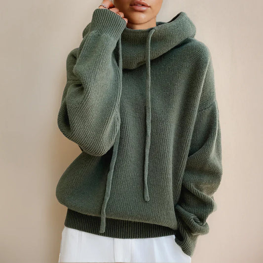 Women’s Turtleneck Sweater – Wool Knit – Oversized Fit – Drawstring Neck – Ribbed Hem