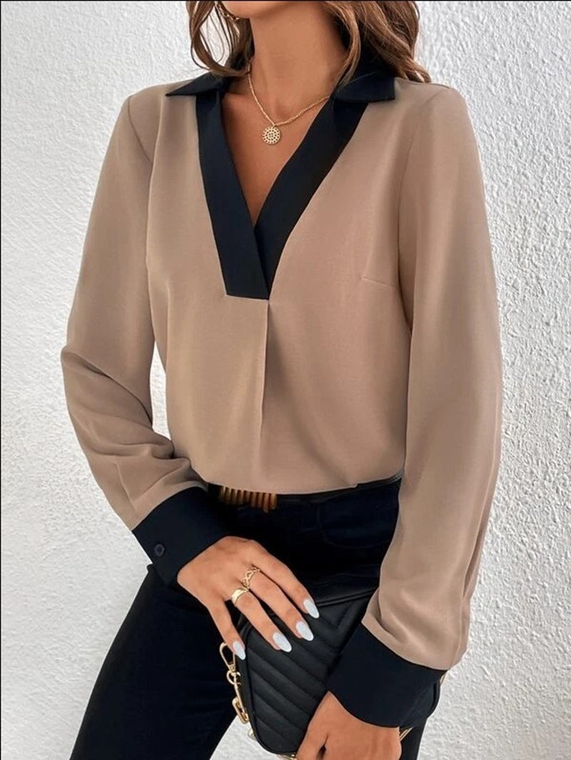 Women’s Blouse – V-Neck Contrast Trim – Relaxed Fit – Long Sleeve Pullover Style