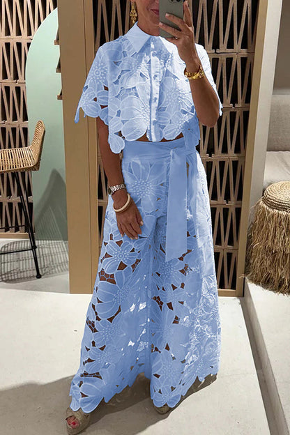 Women’s Two-Piece Set – Lace Floral Matching Outfit – Crop Top – High Waist Wide Leg Pants