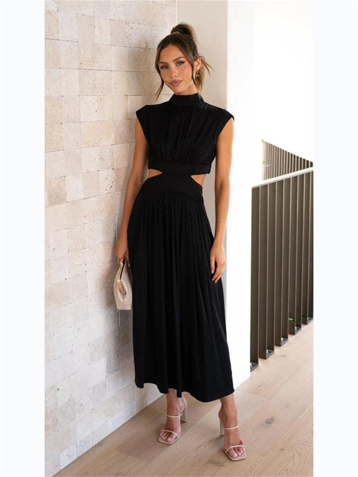Women's Maxi Dress - Sleeveless A-Line - High Neck - Waist Cutout - Flowy Lightweight