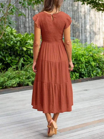 Women's Maxi Dress - Smocked Bodice - Cap Sleeves - Tiered Flowing Skirt - Lightweight Fit