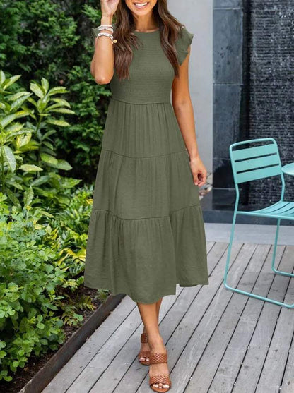 Women's Maxi Dress - Smocked Bodice - Cap Sleeves - Tiered Flowing Skirt - Lightweight Fit