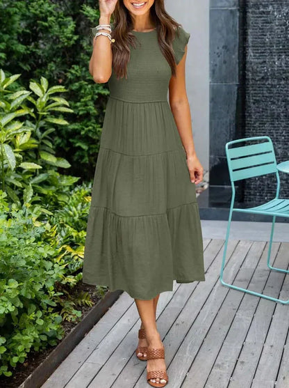 Women's Maxi Dress - Smocked Bodice - Cap Sleeves - Tiered Flowy Skirt