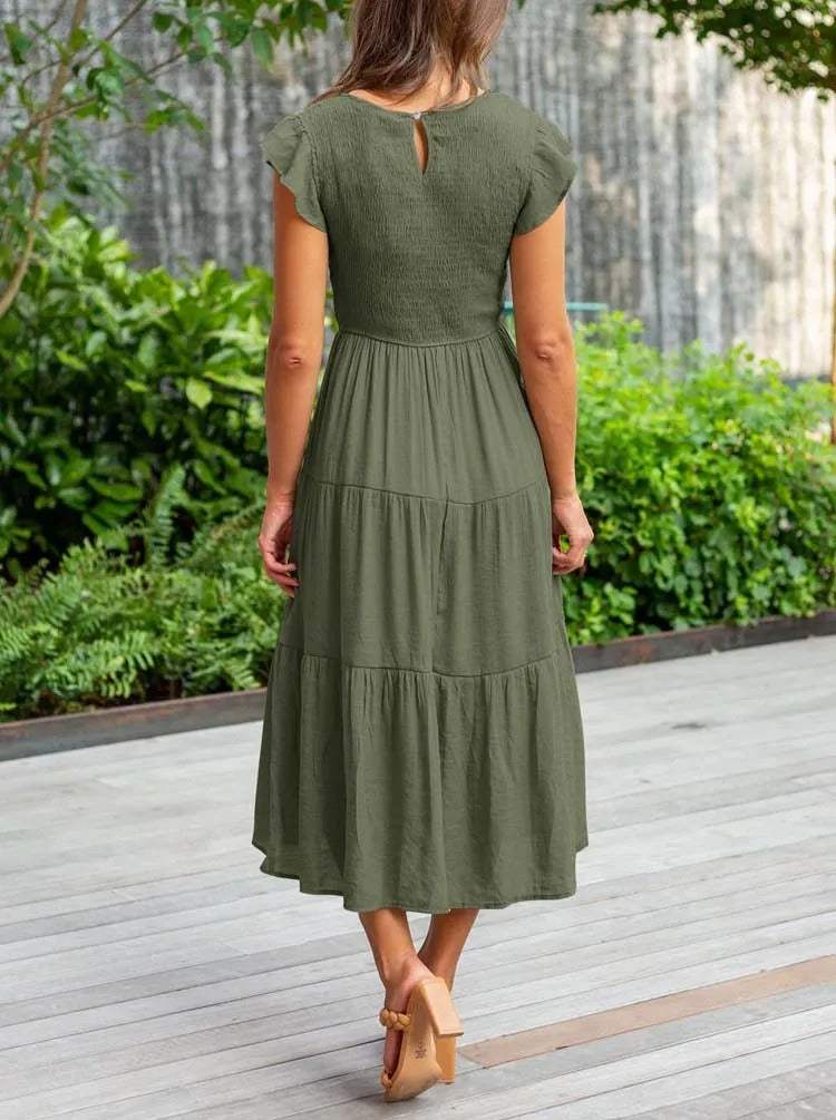 Women's Maxi Dress - Smocked Bodice - Cap Sleeves - Tiered Flowing Skirt - Lightweight Fit