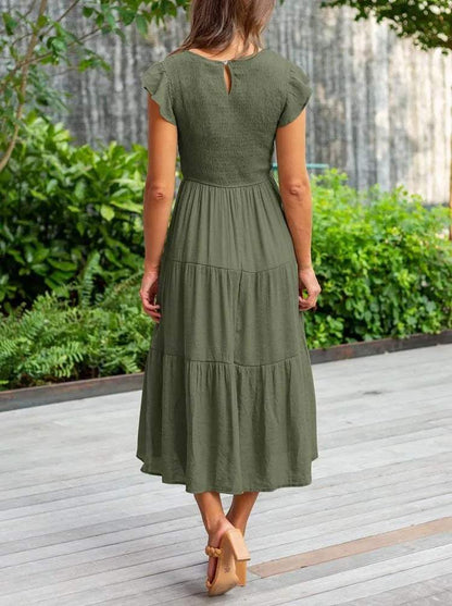 Women's Maxi Dress - Smocked Bodice - Cap Sleeves - Tiered Flowing Skirt - Lightweight Fit