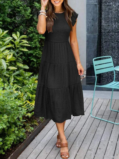 Women's Maxi Dress - Smocked Bodice - Cap Sleeves - Tiered Flowing Skirt - Lightweight Fit