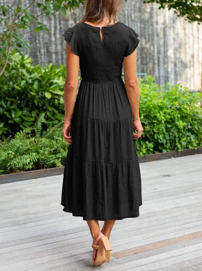 Women's Maxi Dress - Smocked Bodice - Cap Sleeves - Tiered Flowing Skirt - Lightweight Fit