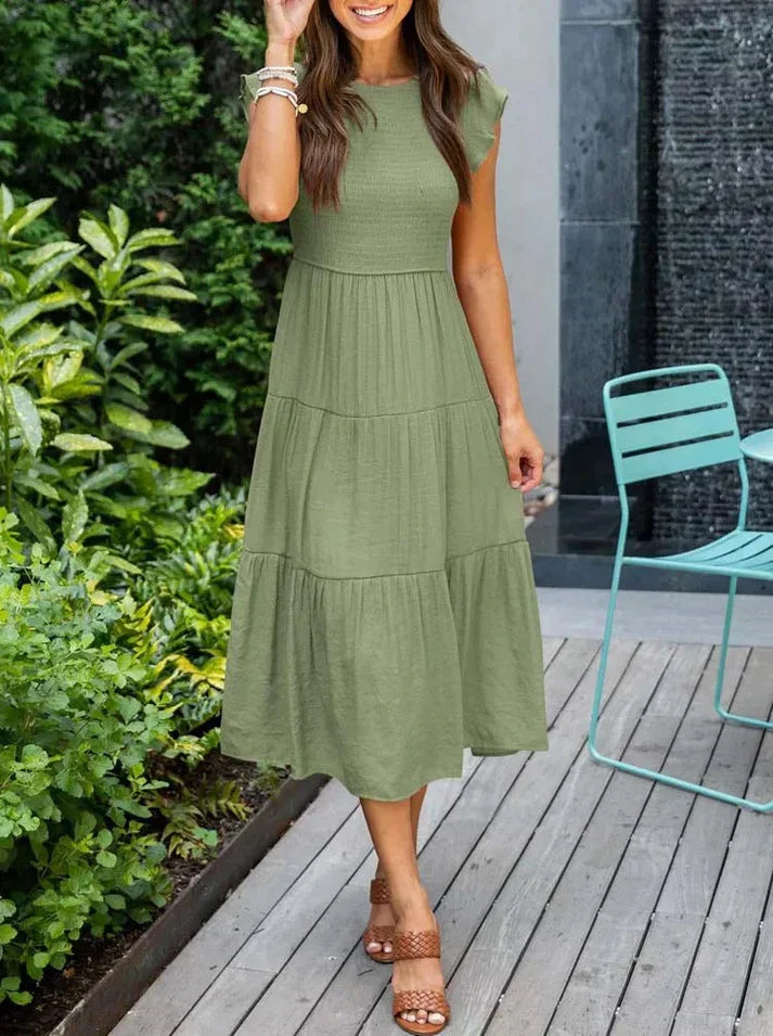 Women's Maxi Dress - Smocked Bodice - Cap Sleeves - Tiered Flowy Skirt