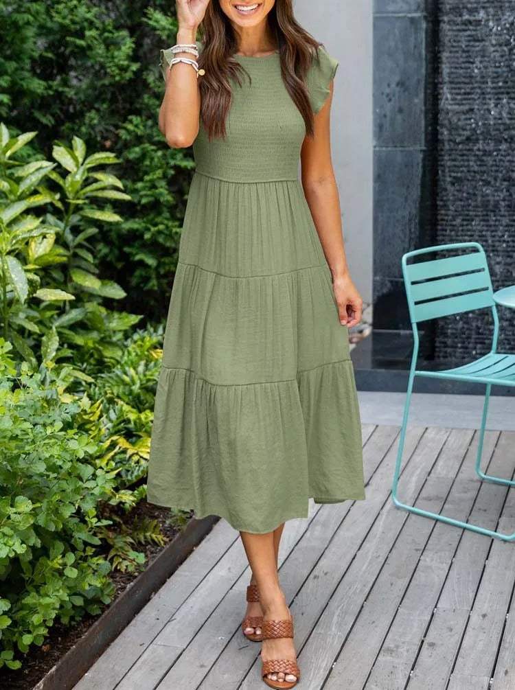 Women's Maxi Dress - Smocked Bodice - Cap Sleeves - Tiered Flowing Skirt - Lightweight Fit