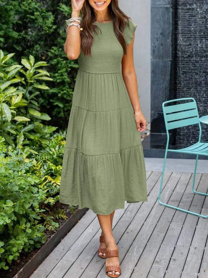 Women's Maxi Dress - Smocked Bodice - Cap Sleeves - Tiered Flowing Skirt - Lightweight Fit