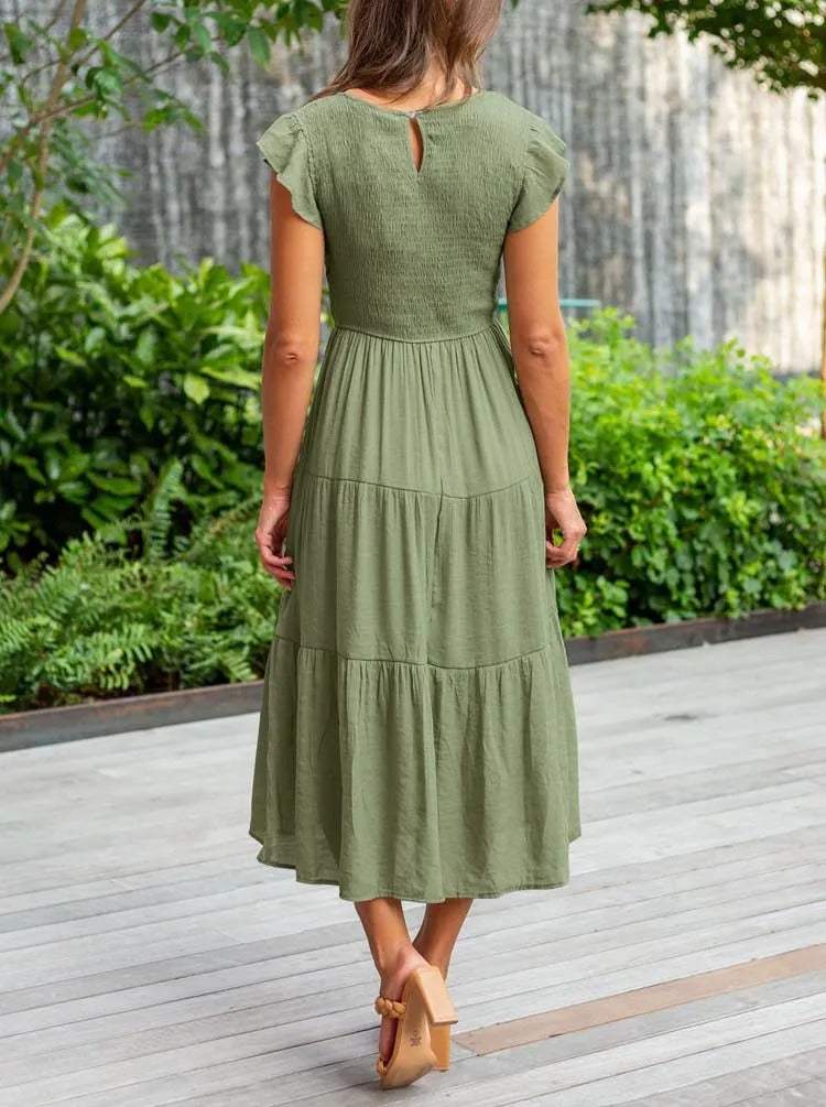Women's Maxi Dress - Smocked Bodice - Cap Sleeves - Tiered Flowing Skirt - Lightweight Fit