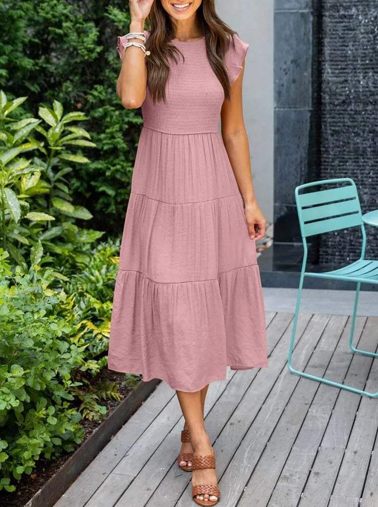 Women's Maxi Dress - Smocked Bodice - Cap Sleeves - Tiered Flowing Skirt - Lightweight Fit