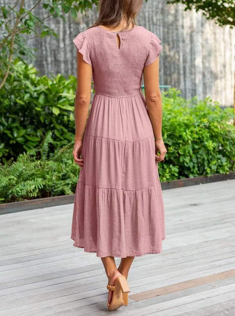 Women's Maxi Dress - Smocked Bodice - Cap Sleeves - Tiered Flowing Skirt - Lightweight Fit