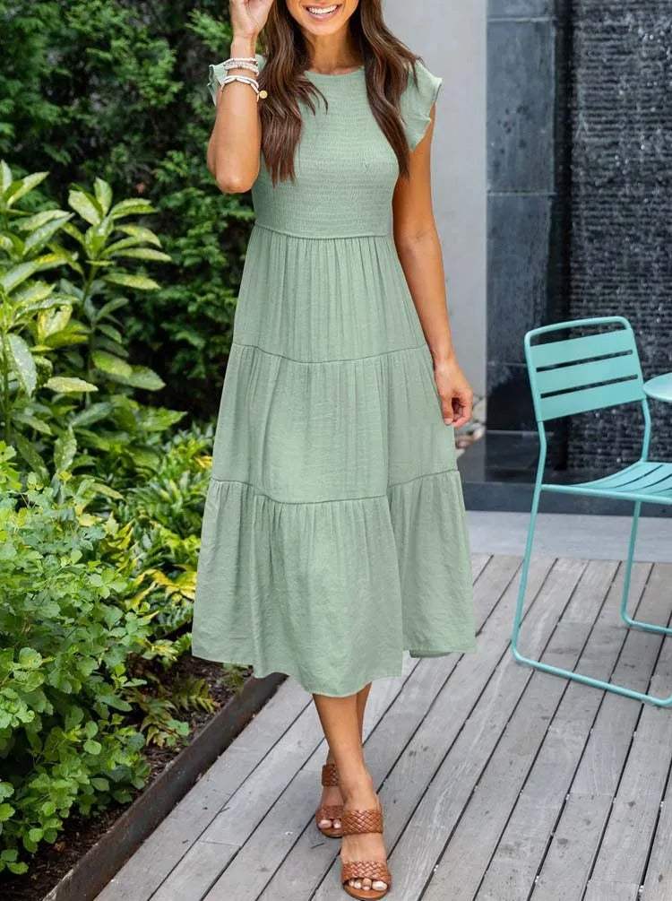Women's Maxi Dress - Smocked Bodice - Cap Sleeves - Tiered Flowing Skirt - Lightweight Fit