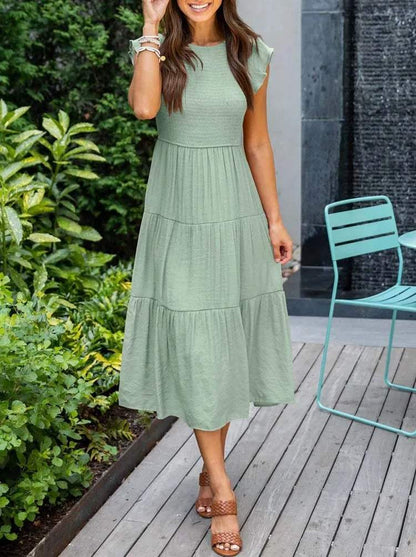 Women's Maxi Dress - Smocked Bodice - Cap Sleeves - Tiered Flowing Skirt - Lightweight Fit