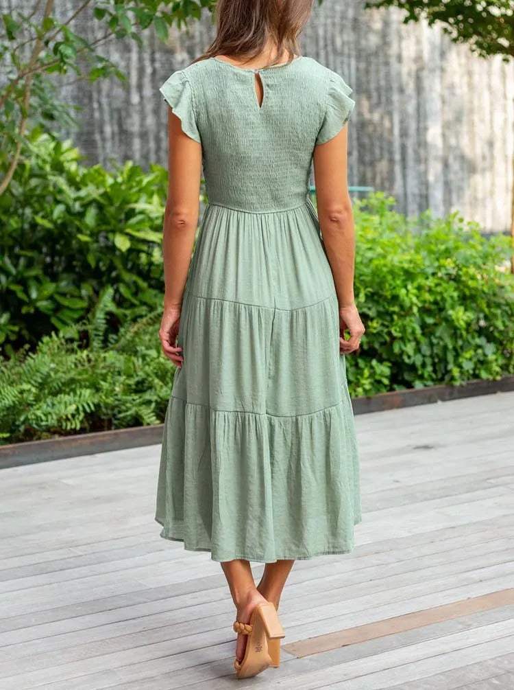Women's Maxi Dress - Smocked Bodice - Cap Sleeves - Tiered Flowing Skirt - Lightweight Fit