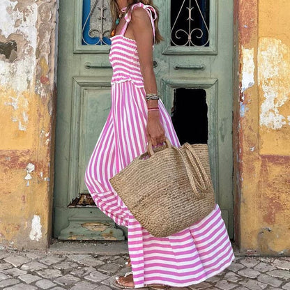 Women’s Maxi Dress – Smocked Bodice – Tie Straps – Tiered Skirt – Breathable Blend