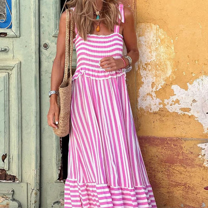 Women’s Maxi Dress – Smocked Bodice – Tie Straps – Tiered Skirt – Breathable Blend