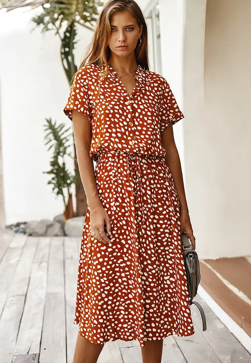 Women’s Midi Dress – Relaxed Fit – Breathable Blend – Button Front – Waist Tie