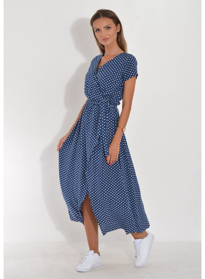 Women’s Wrap Midi Dress – Polka Dot – V-Neck – Short Sleeve – Adjustable Waist