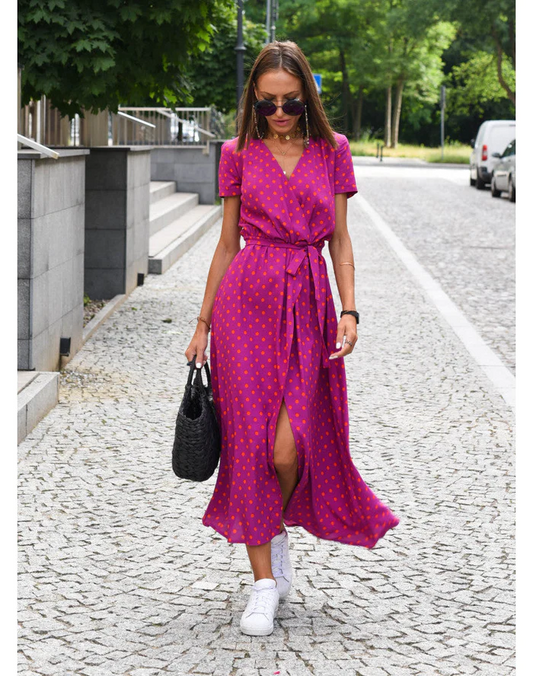 Women’s Wrap Midi Dress – Polka Dot – V-Neck – Short Sleeve – Adjustable Waist