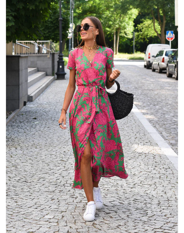 Women’s Wrap Midi Dress – Polka Dot – V-Neck – Short Sleeve – Adjustable Waist