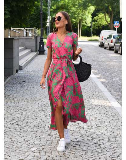 Women’s Wrap Midi Dress – Polka Dot – V-Neck – Short Sleeve – Adjustable Waist