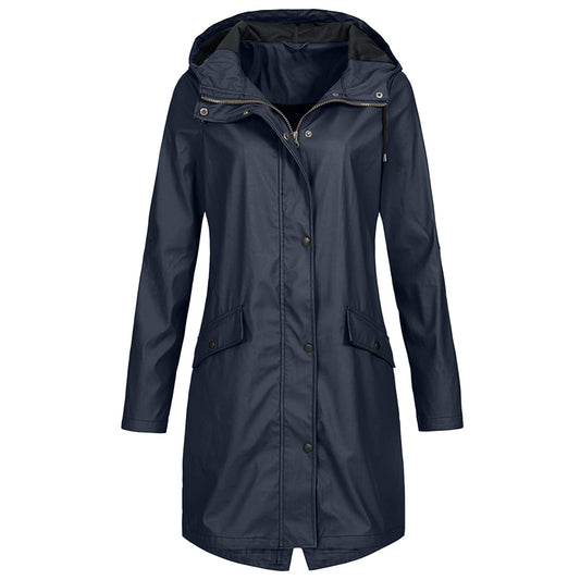Women’s Rain Jacket – Waterproof Windproof – Long Regular Fit – Hooded Snap Closure