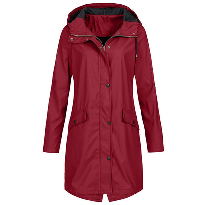 Women’s Rain Jacket – Waterproof Windproof – Long Regular Fit – Hooded Snap Closure