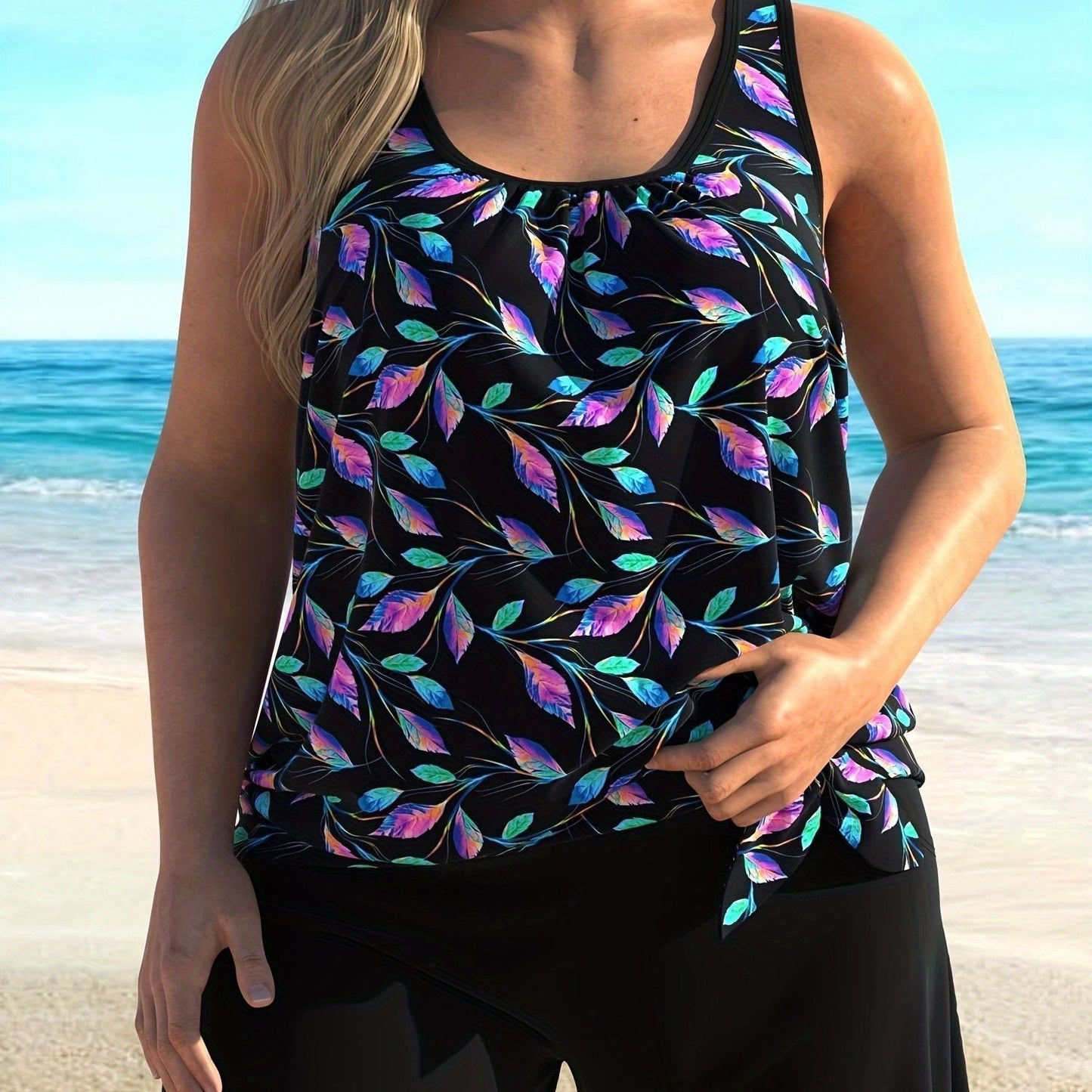 Women’s Tankini Set – Relaxed Fit – Scoop Neck – Leaf Print – Breathable Blend