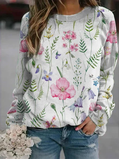 Women’s Sweater – Relaxed Fit – Lightweight Knit – Floral Print – Crew Neck – Long Sleeve
