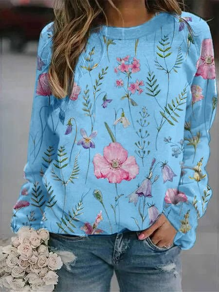 Women’s Sweater – Relaxed Fit – Lightweight Knit – Floral Print – Crew Neck – Long Sleeve