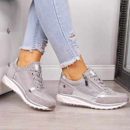 Women’s Sneakers – Low Top – Mesh and Leather Look – Side Zipper – Lace Up