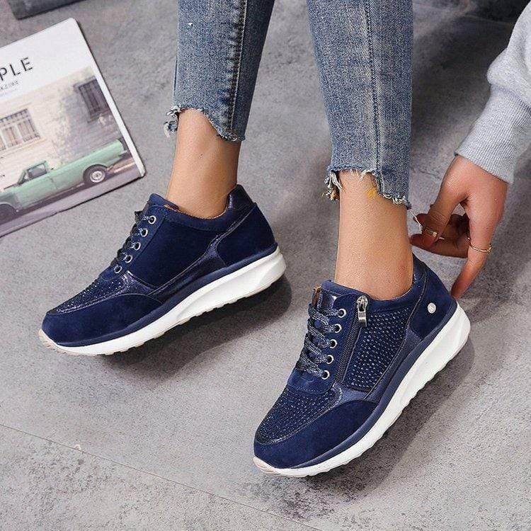 Women’s Sneakers – Low Top – Mesh and Leather Look – Side Zipper – Lace Up