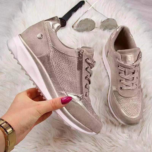 Women’s Sneakers – Low Top – Mesh and Leather Look – Side Zipper – Lace Up