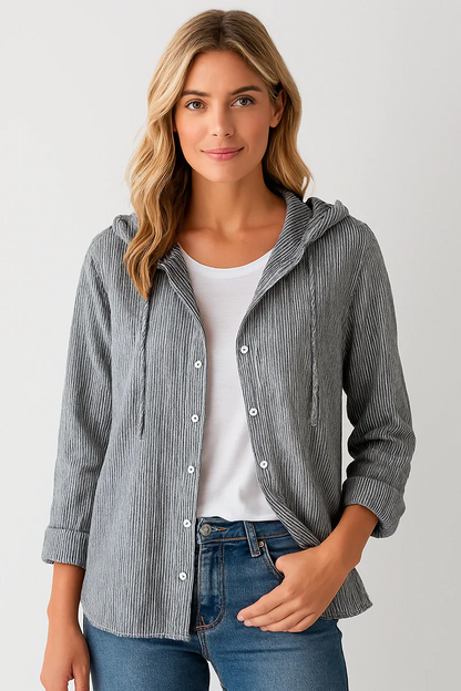 Women’s Blouse – Linnen – Relaxed Fit – Hooded – Button-Down – Long Sleeve
