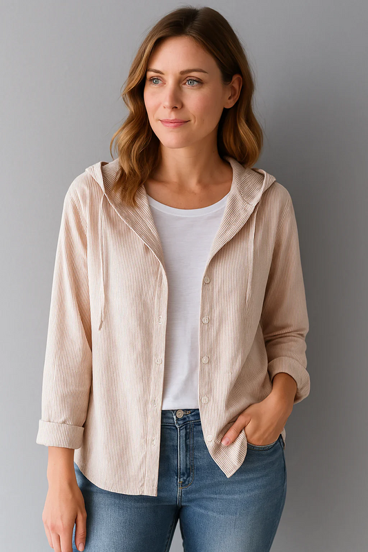 Women’s Blouse – Linnen – Relaxed Fit – Hooded – Button-Down – Long Sleeve