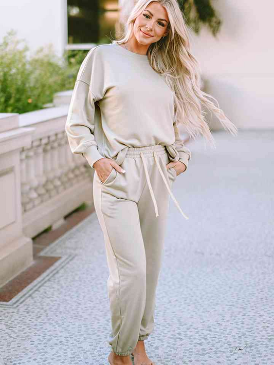 Women’s Sweatshirt And Joggers Set - Cotton Blend - Relaxed Fit - Ribbed Cuffs