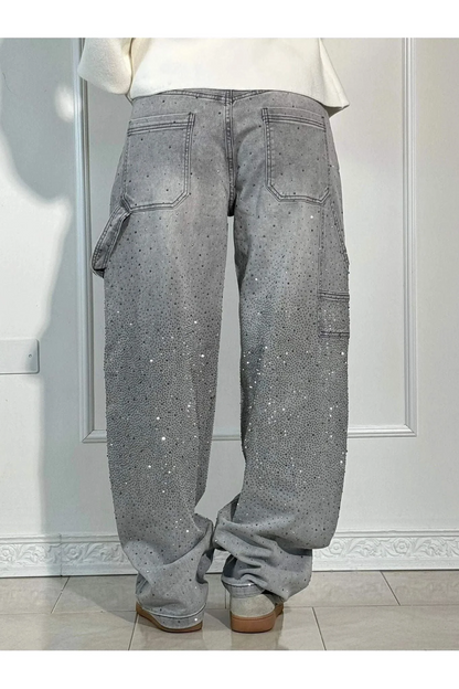 Women’s Jeans – High Waist – Wide Leg Fit – Rhinestone Detail – Utility Pockets