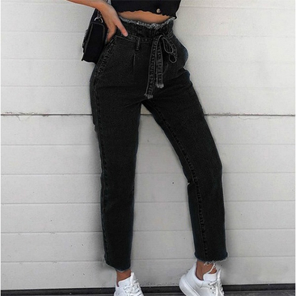 Women’s Jeans – High Waist – Paper Bag Waist with Belt – Relaxed Fit – Ankle Length