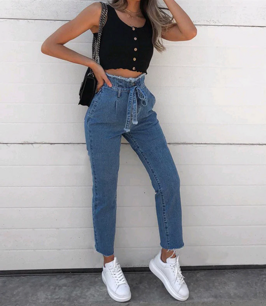 Women’s Jeans – High Waist – Paper Bag Waist with Belt – Relaxed Fit – Ankle Length