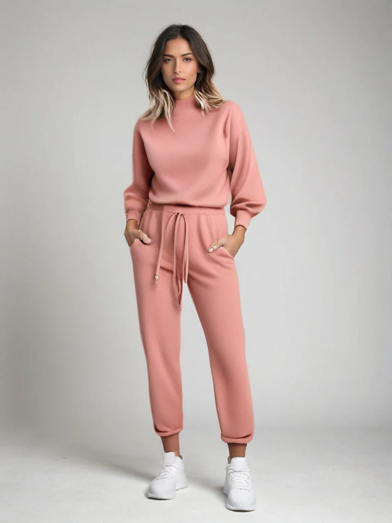 Women’s Loungewear Set – Cotton Blend – Relaxed Fit – Mock Neck – Tapered Drawstring Pants