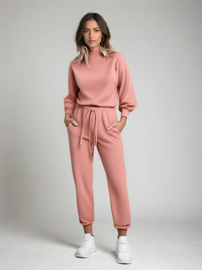 Women’s Loungewear Set – Cotton Blend – Relaxed Fit – Mock Neck – Tapered Drawstring Pants
