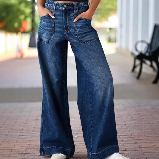 Women’s Wide Leg Jeans – High Waist – Relaxed Fit – Outer Pockets – Raw Hem