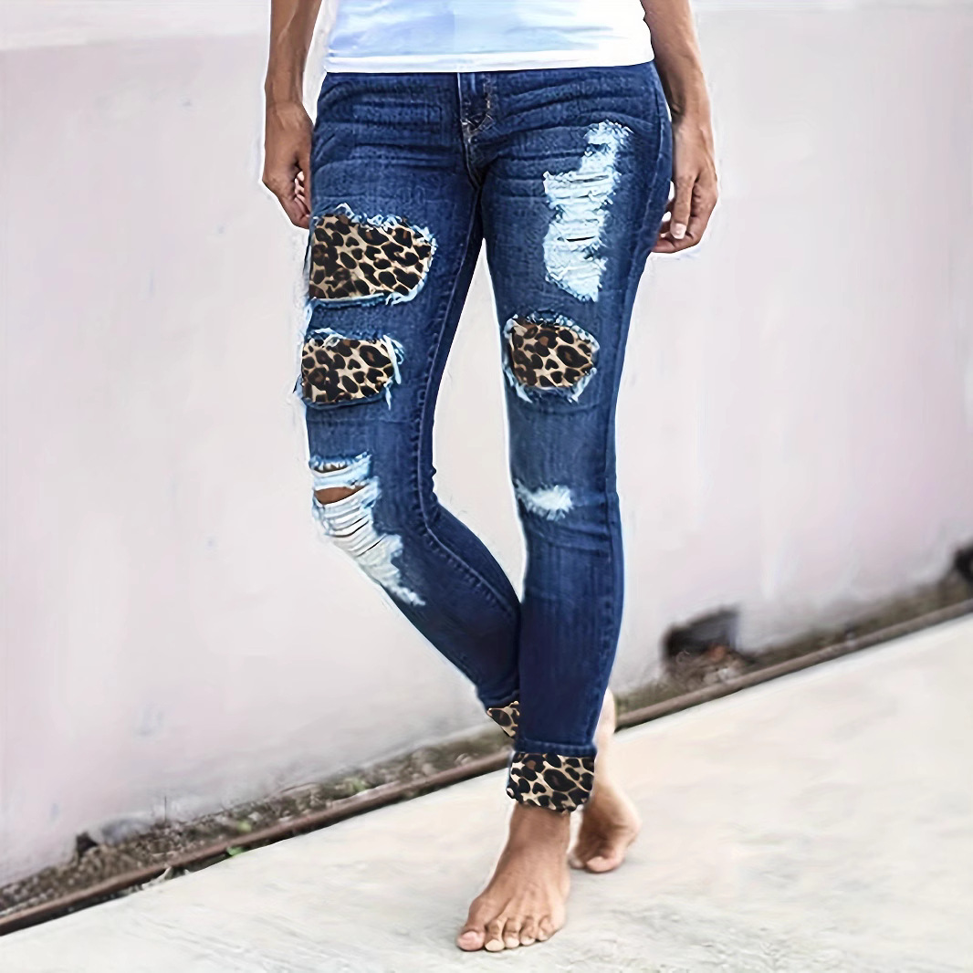 Women’s Skinny Jeans – Distressed Denim – Leopard Print Patches – Cuffed Hem
