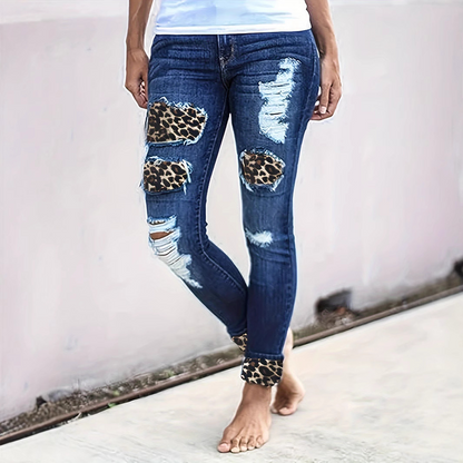 Women’s Skinny Jeans – Distressed Denim – Leopard Print Patches – Cuffed Hem