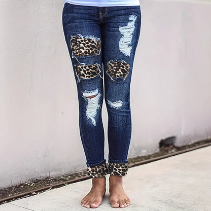 Women’s Skinny Jeans – Distressed Denim – Leopard Print Patches – Cuffed Hem