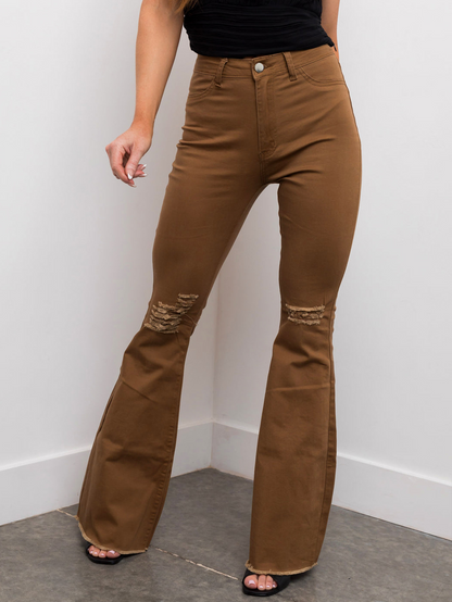 Women’s Flared Jeans – High Waist – Slim Fit – Ripped Knees – Raw Hem – Denim