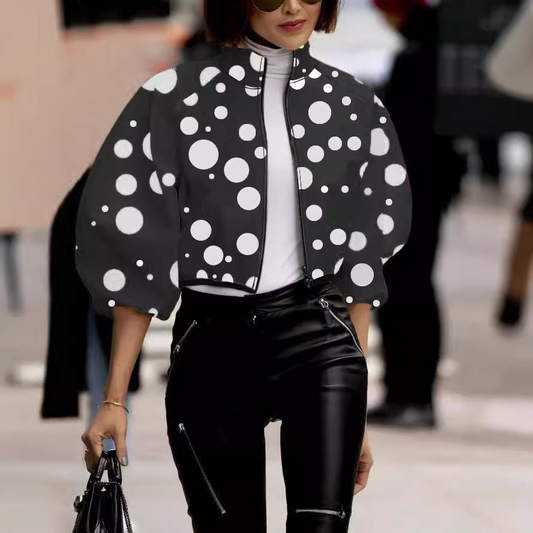 Women’s Cropped Coat – Relaxed Fit – Polka Dot – Puff Sleeves – High Collar – Zip Front